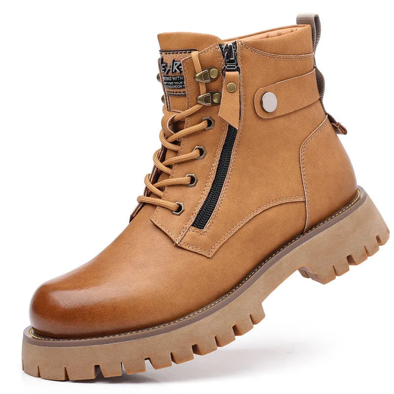 Men's brown high-top leather Martin boots with a side zipper and round toe on a non-slip rubber sole.