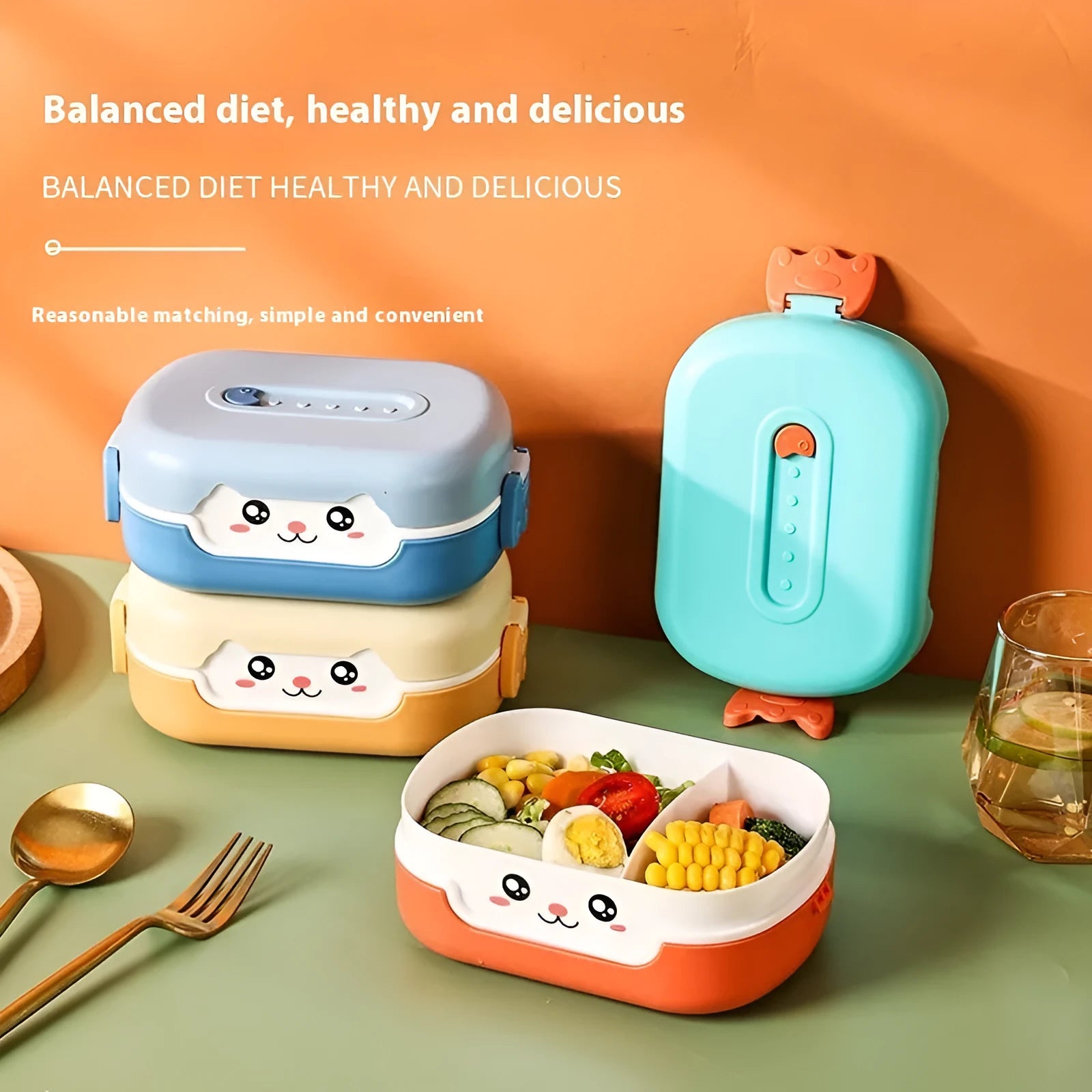 Children's square plastic divided lunch box with microwave-safe feature in three colour options