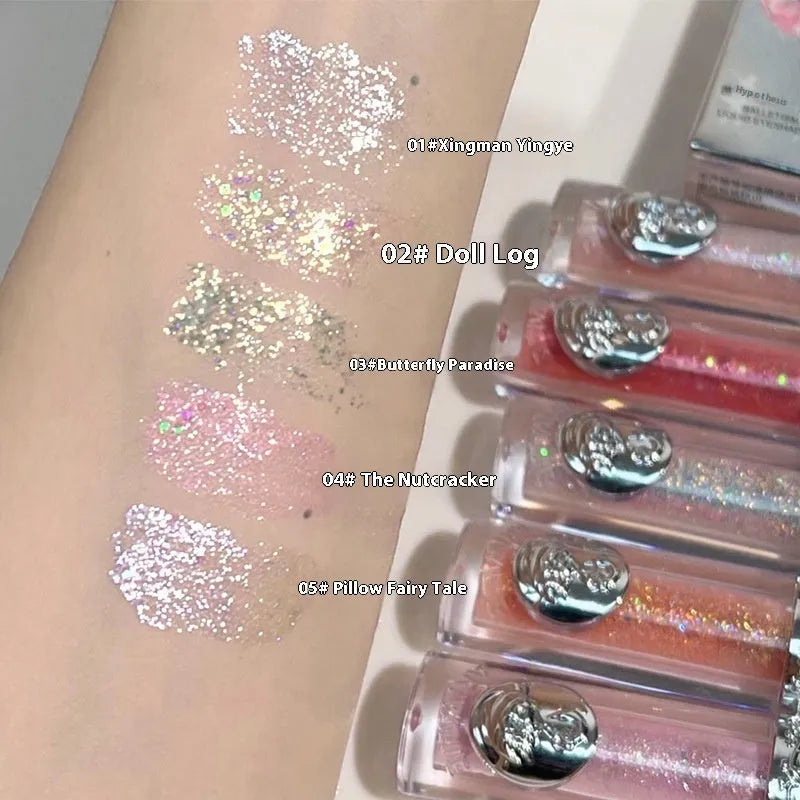 Ballet liquid eye shadow product showing five colour options including Xingman Sakura Field and Pillow Fairy Tale