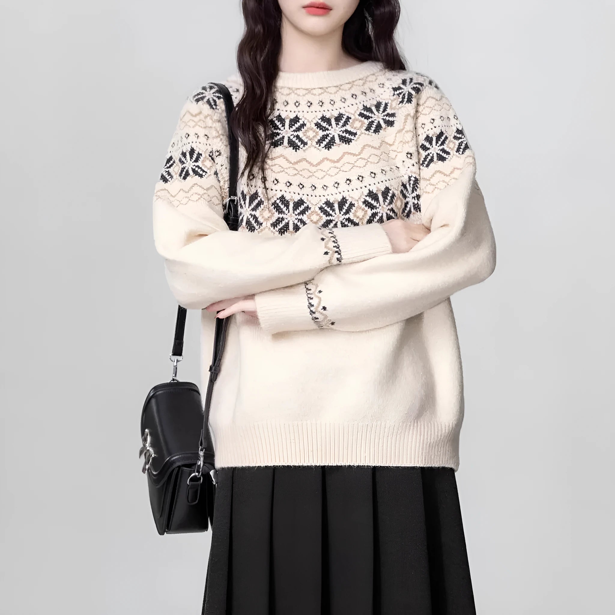 Women's Milky White geometric pattern pullover sweater with long sleeves and crew neck.