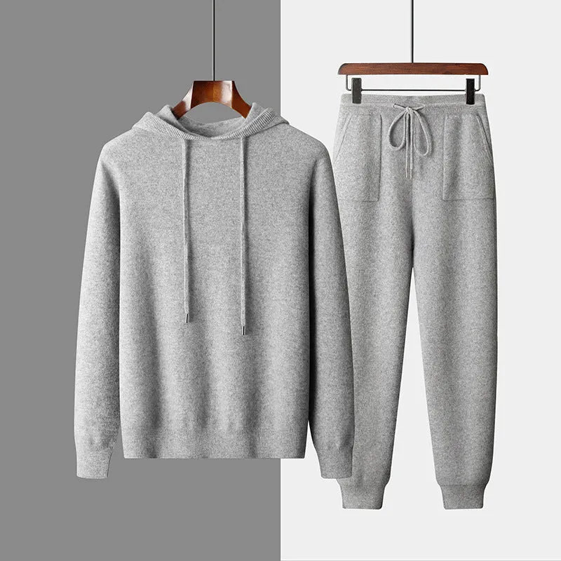 Men's light gray cashmere hooded sweatshirt and matching trousers casual winter set