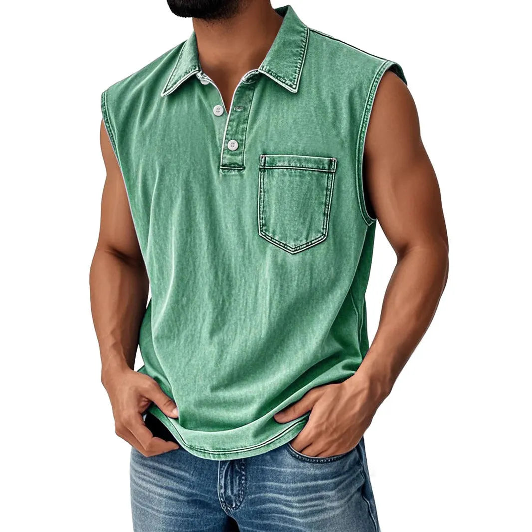 Man wearing a short sleeve polo shirt with a 3D digital printed pattern and button-down collar.