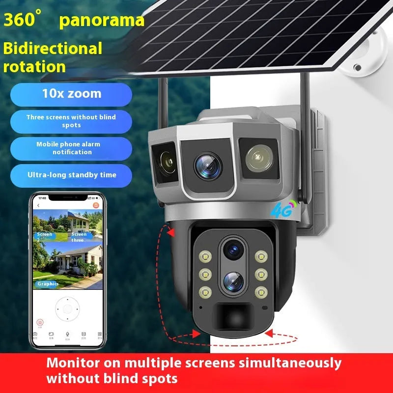 V380 outdoor security camera with solar panel and three-screen display monitor