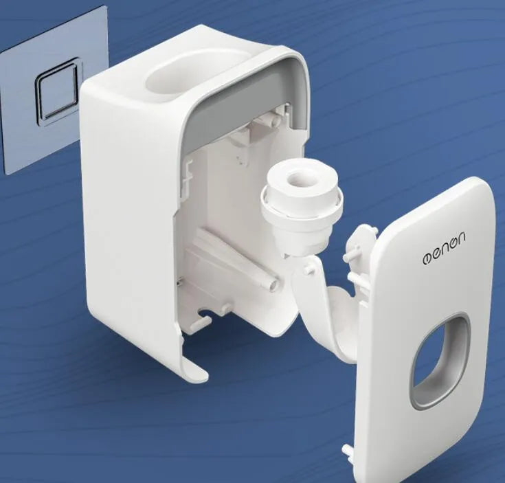 Automatic toothpaste dispenser unit mounted on a bathroom wall in blue colour.