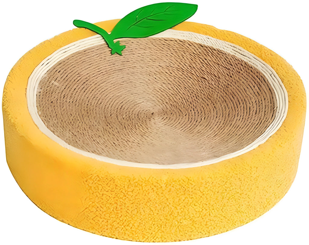 Orange round sisal cat scratching board with concave centre serving as both scratcher and cat bed