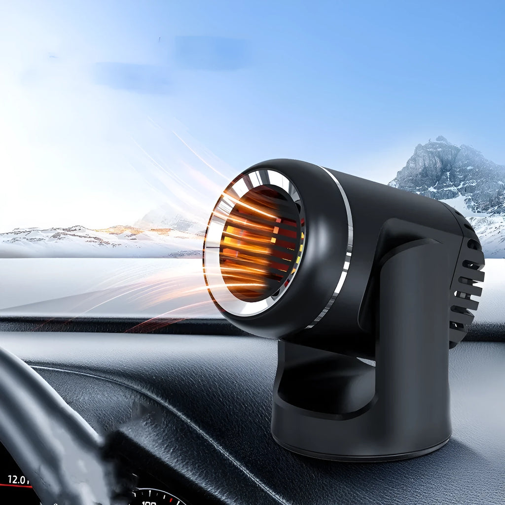 Black and white 12v portable car heater fan with 1.5m cord for windscreen defrosting