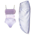 Purple one-piece swimsuit with matching wrap skirt made from quick-drying polyester fabric