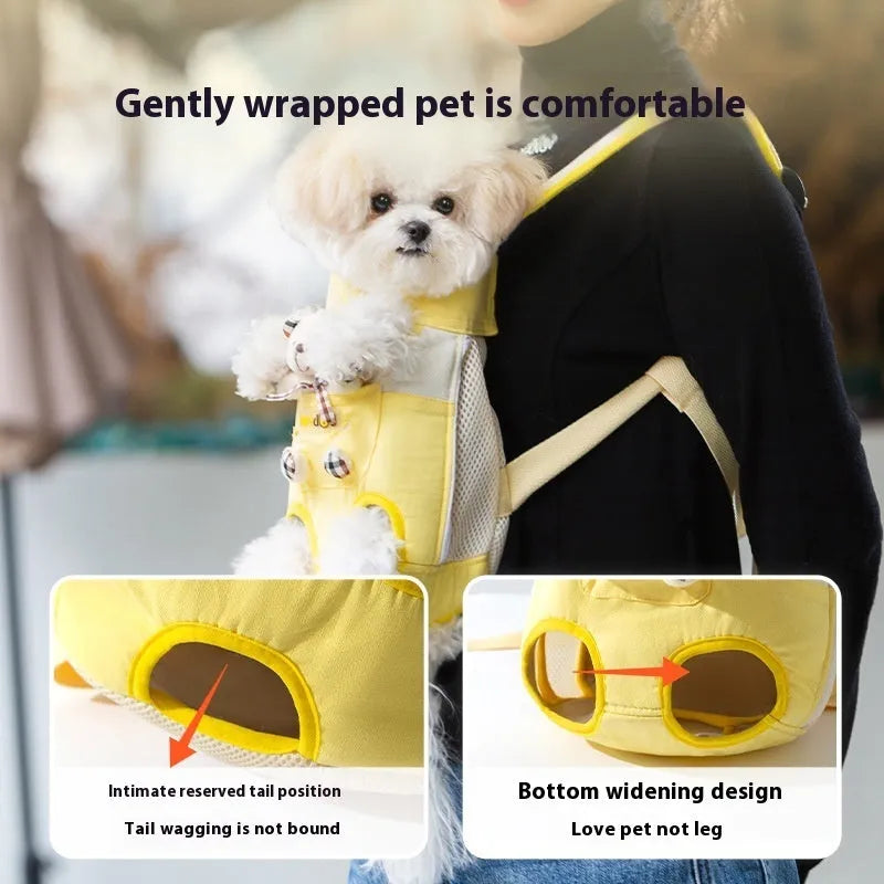 Cartoon pattern pet chest carrier bag in canvas with soft lining and colourful stitching