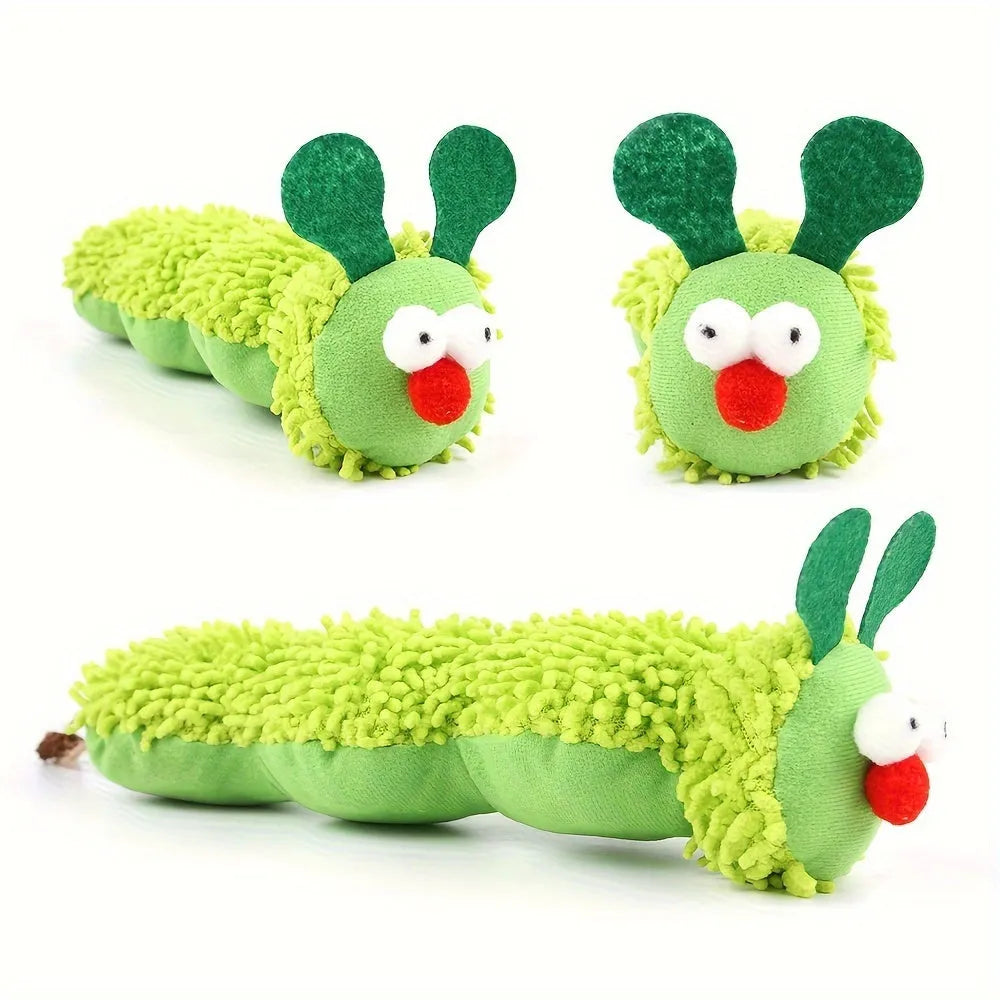Green interactive plush cat toy pillow with rechargeable electronics, shown next to a measuring tape indicating 24cm length.