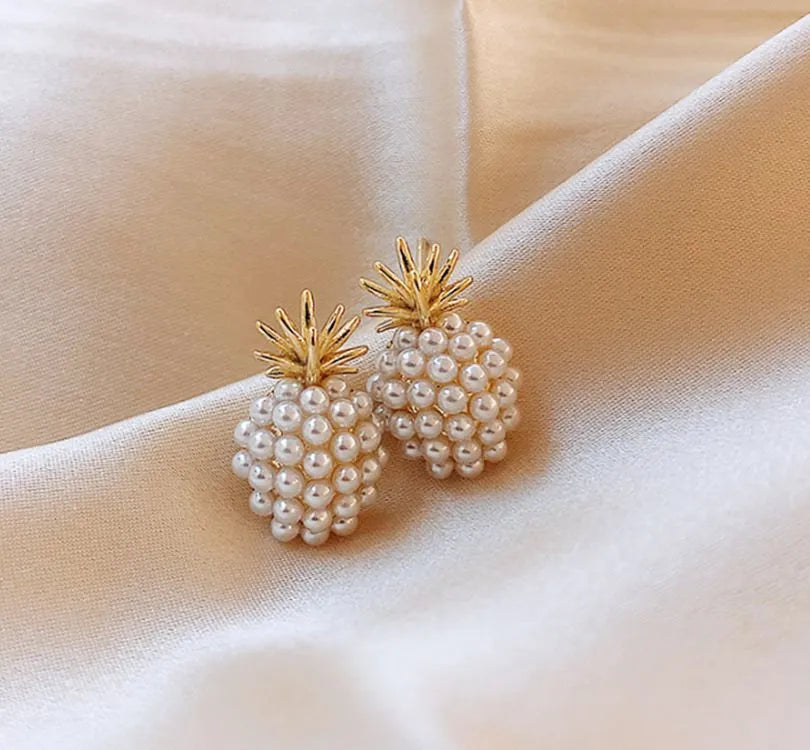 Korean style pineapple starfish pearl earrings in alloy with electroplated finish and artificial gemstone inlay