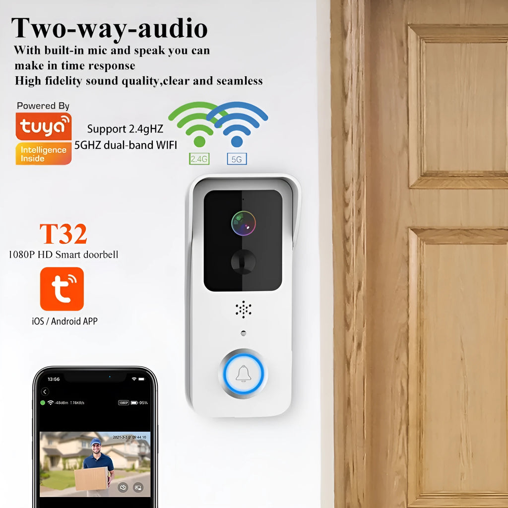 Smart home visual doorbell with HD video, wireless battery power, and smartphone notifications