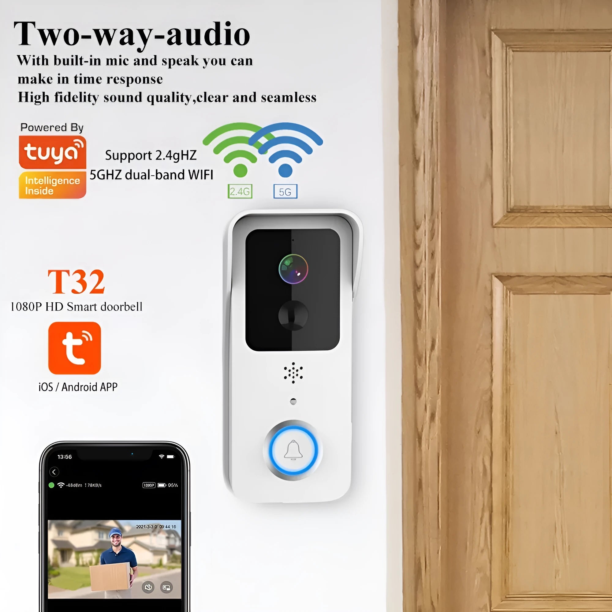 Smart home visual doorbell with HD video, wireless battery power, and smartphone notifications