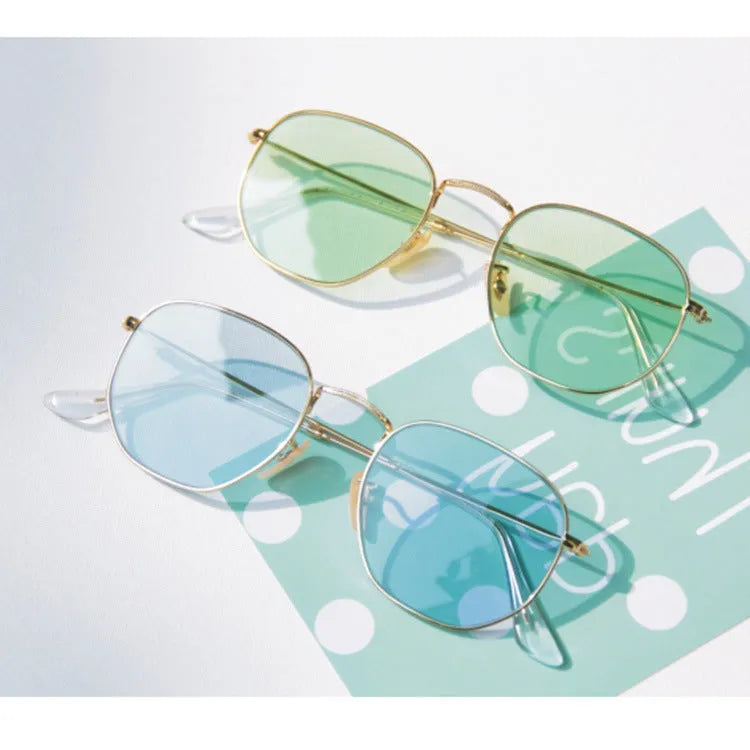 Retro metal frame sunglasses with UV400 resin lenses in 12 colour options including transparent yellow and blue