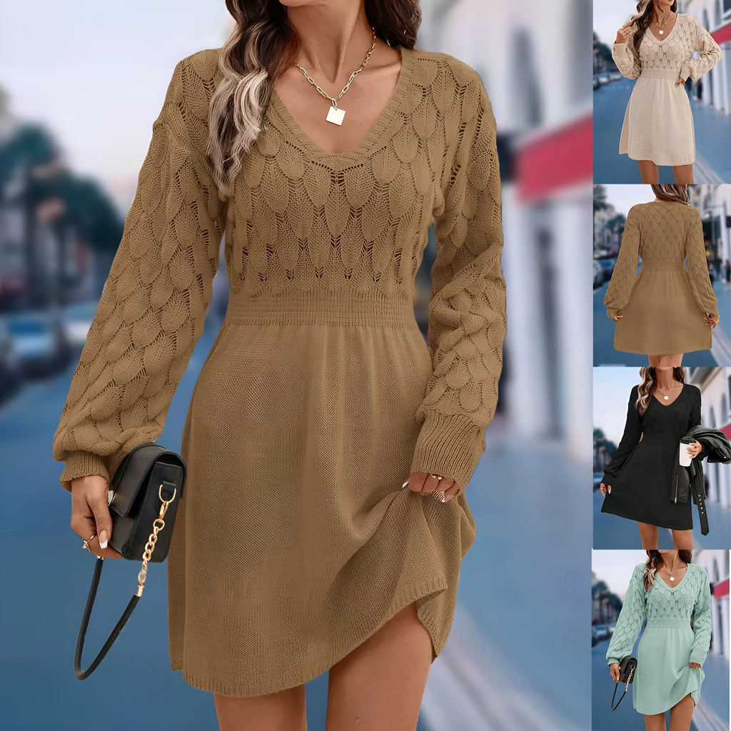 Artistic retro V-neck long sleeve beach dress with high waist and 3D pattern in apricot colour.