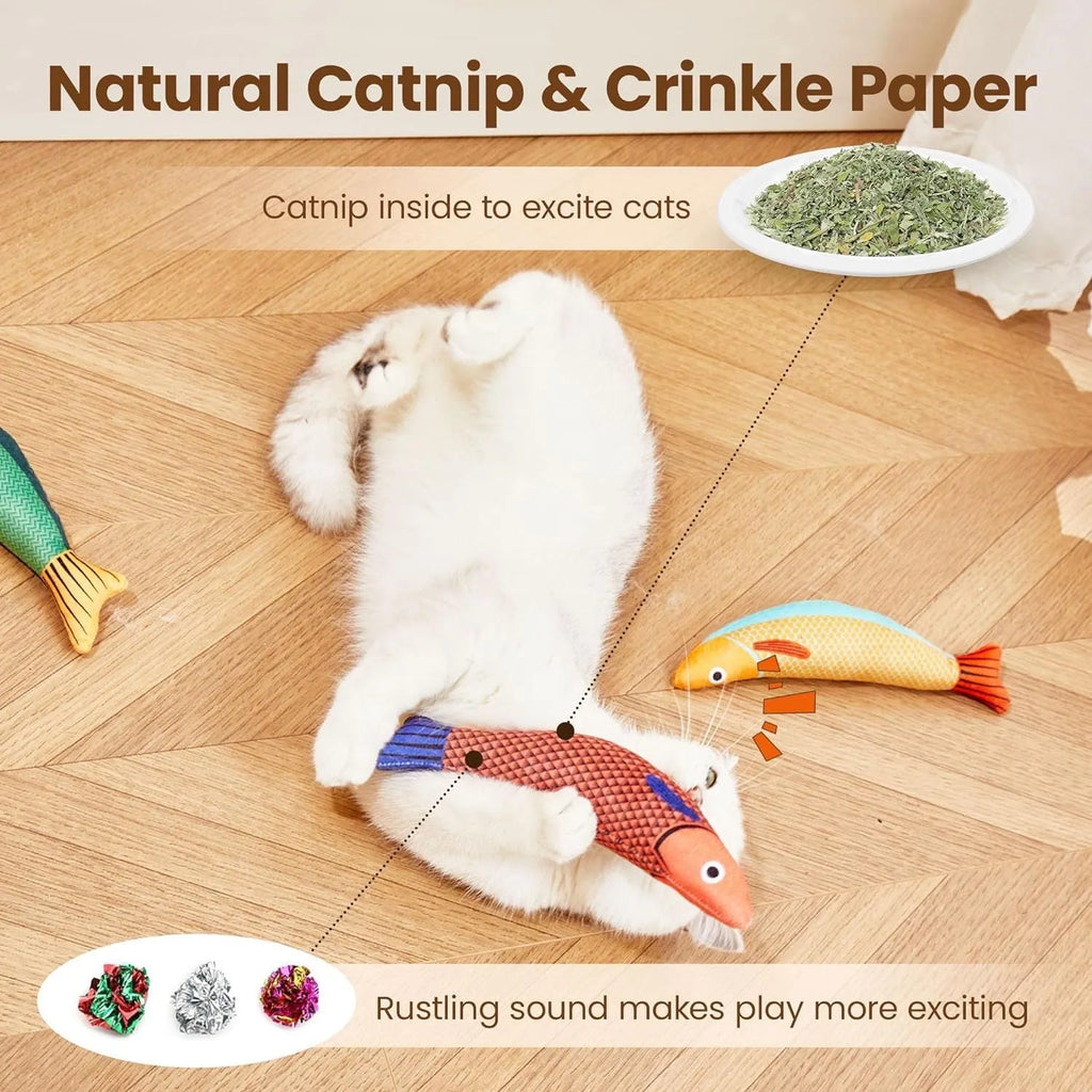 Green, orange, and yellow soft plush saury fish cat toys with catnip filling for interactive play