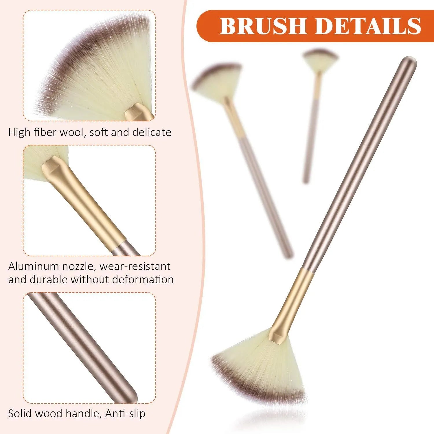 10 professional facial fan brushes with champagne finish and acrylic handles for cosmetic application
