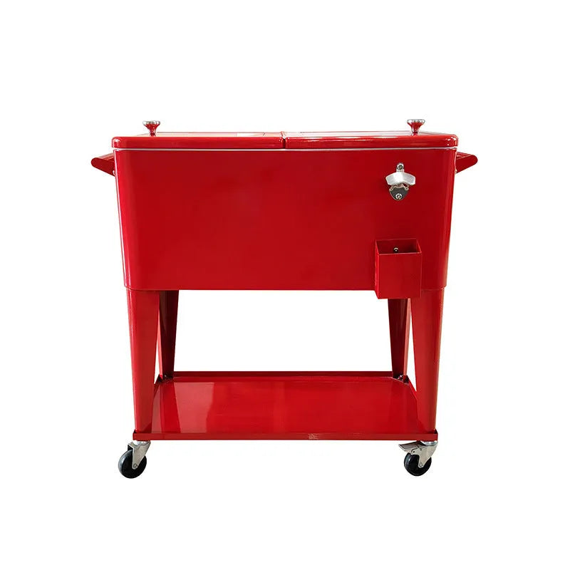 Red outdoor metal trolley with an integrated insulated cooler box, showing wheels and a 750 capacity.