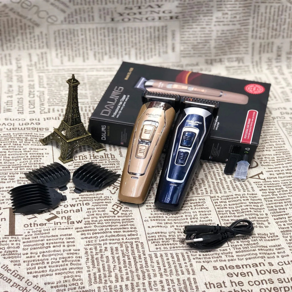 Dark blue rechargeable electric hair clipper with stainless steel blades on a white background