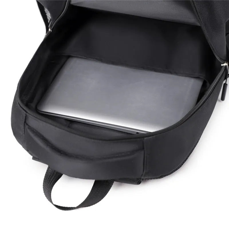Men's casual oxford cloth backpack shown in available colours: grey, black, green, and blue.