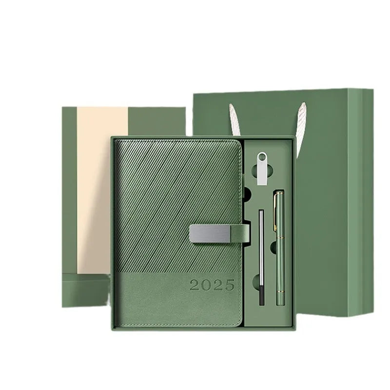 Office notepad with striped PU leather cover open showing 80g wood-free paper pages