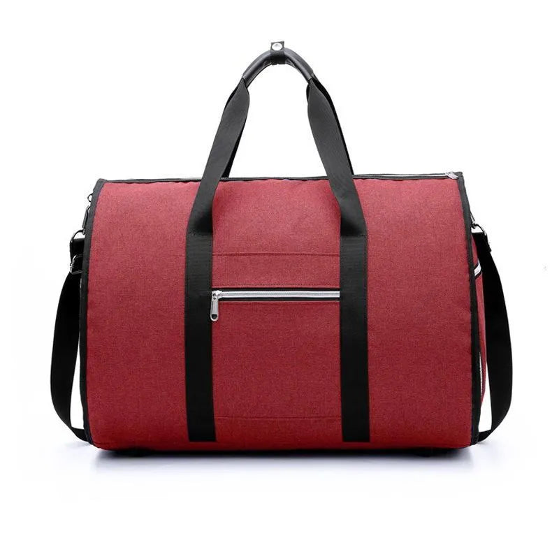 Red cylinder-shaped travel bag made from Oxford cloth with a zipper closure.