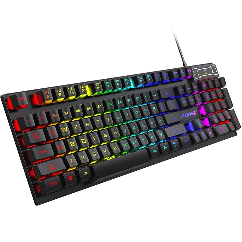 Black portable gaming keyboard with 104 keys and backlight, showing compact size and USB cable