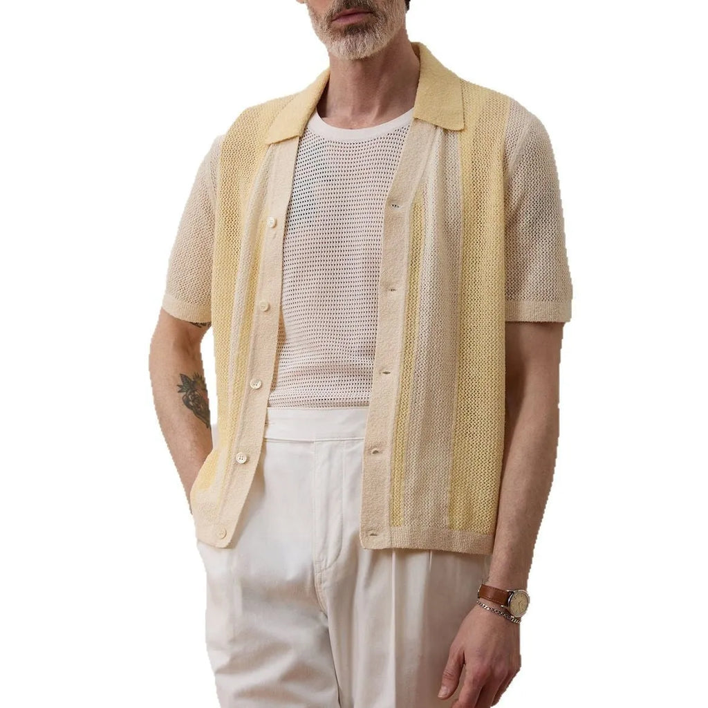 Yellow men's casual polo shirt with asymmetric design and short sleeves made from Tencel fabric.