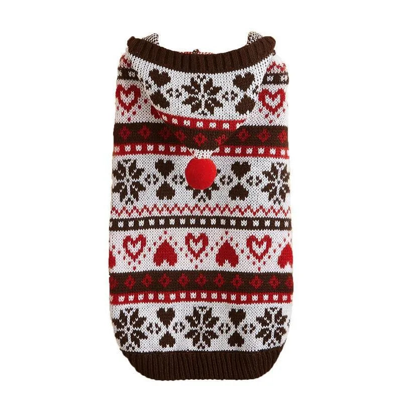 Pink striped camouflage dog sweater with snowflake design on a Bichon dog