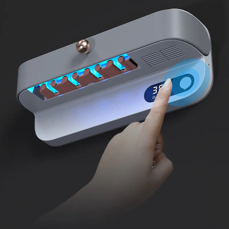 White wall-mounted toothbrush steriliser with UV disinfection and USB charging port