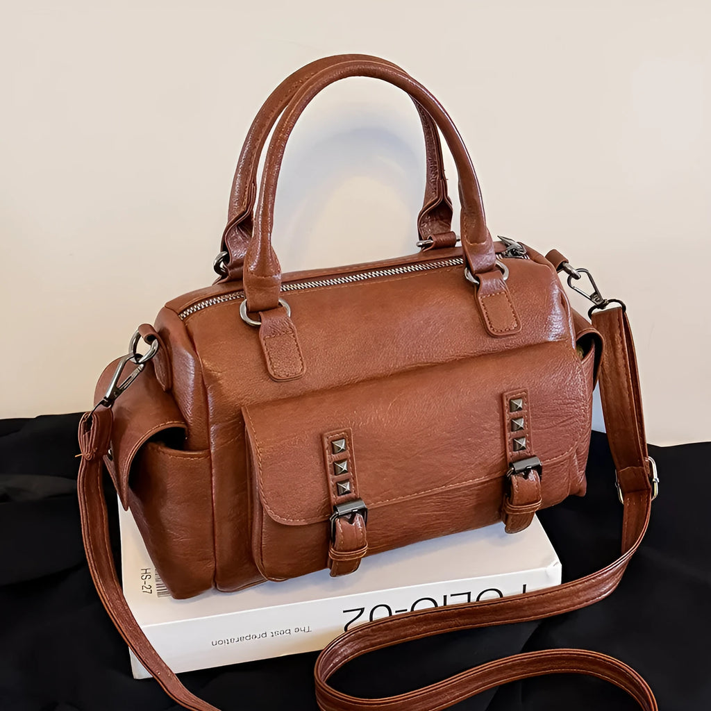 Large capacity vintage PU leather messenger bag with contrast stitching in horizontal square shape