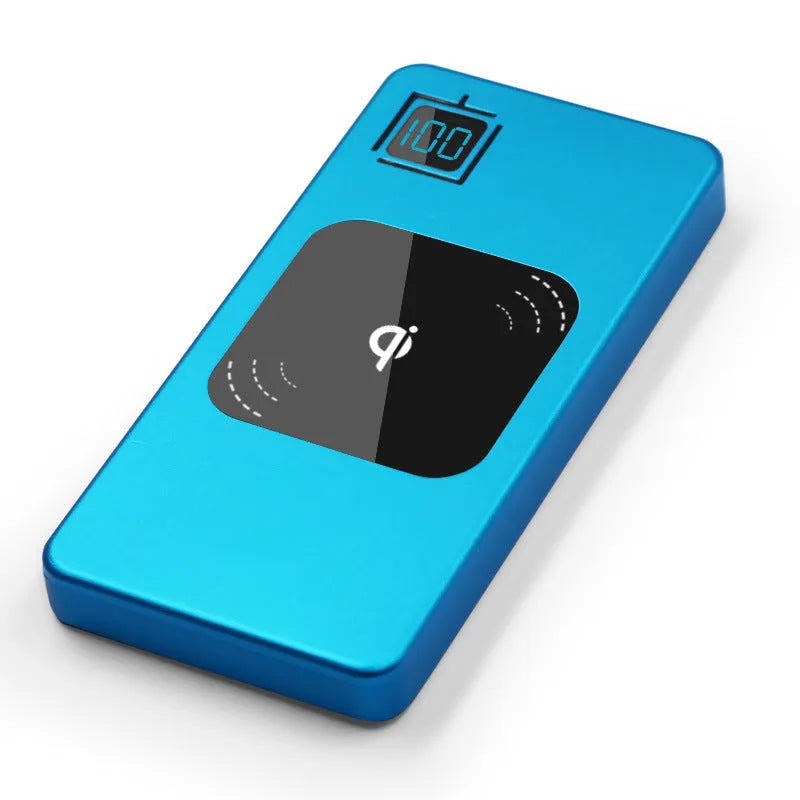 Silver alloy portable power bank with LCD screen showing battery percentage, alongside red and blue versions.