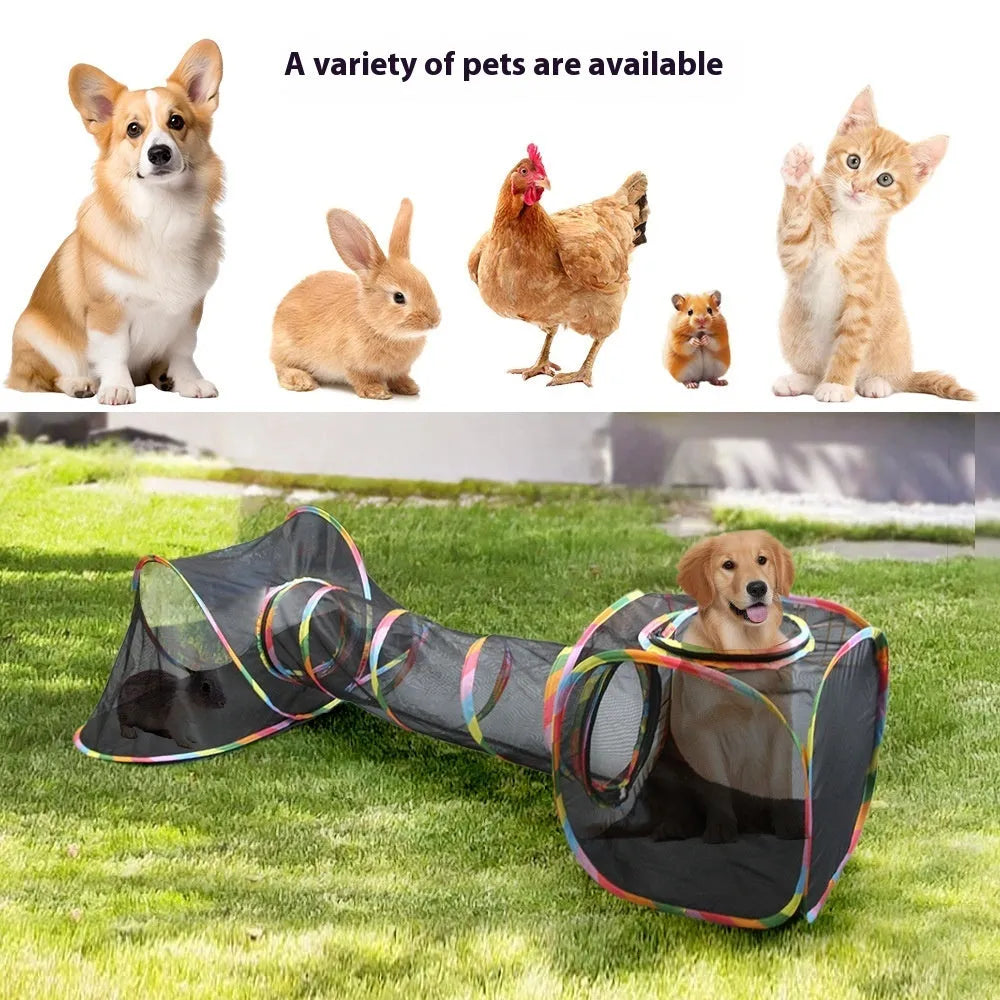 Foldable mesh cat roll cage pet toy in one of five geometric shapes: hexagonal, long straight, square, tee, or tent.