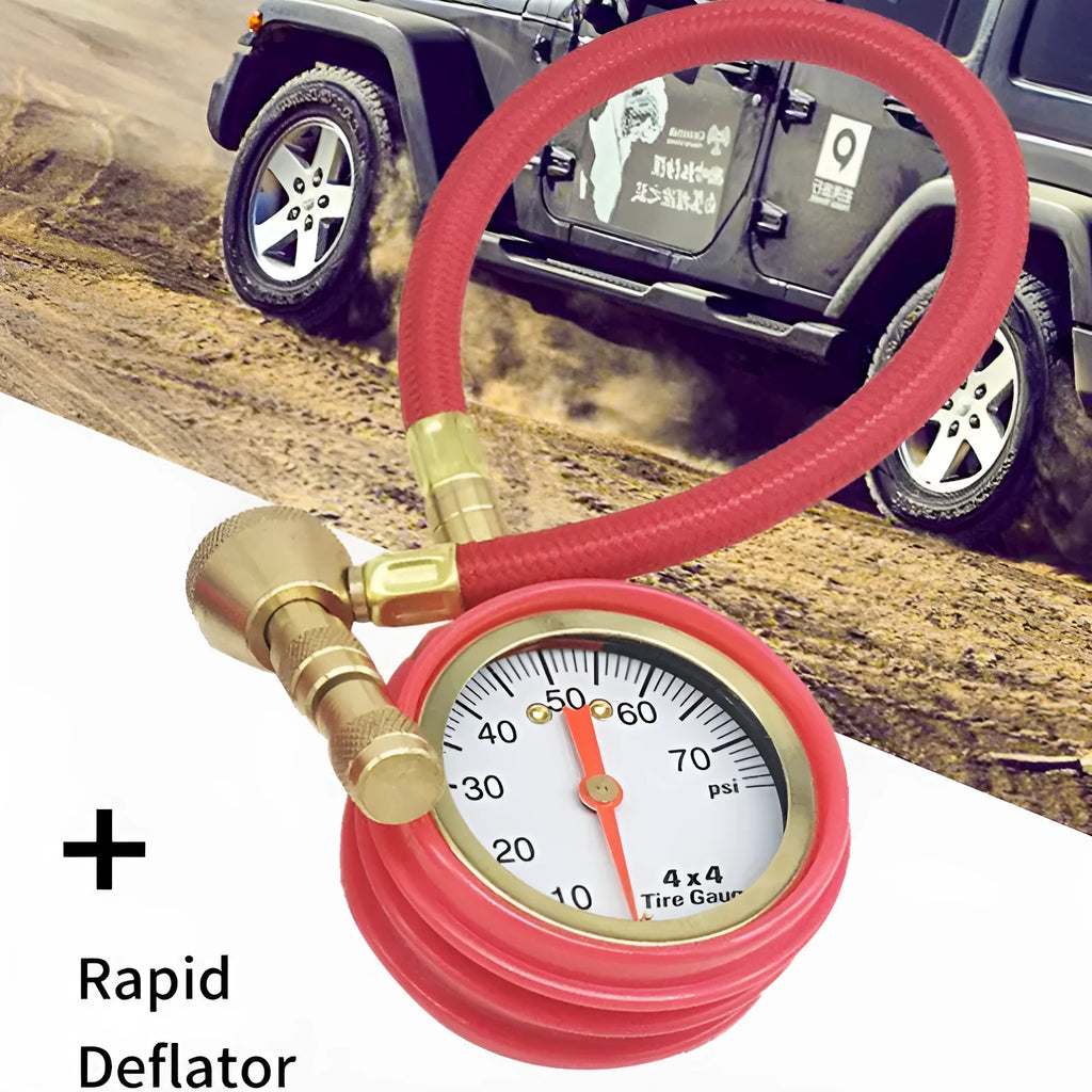 Mechanical tyre pressure gauge with metal body, rubber shell, and dial showing 0-5 BAR scale.