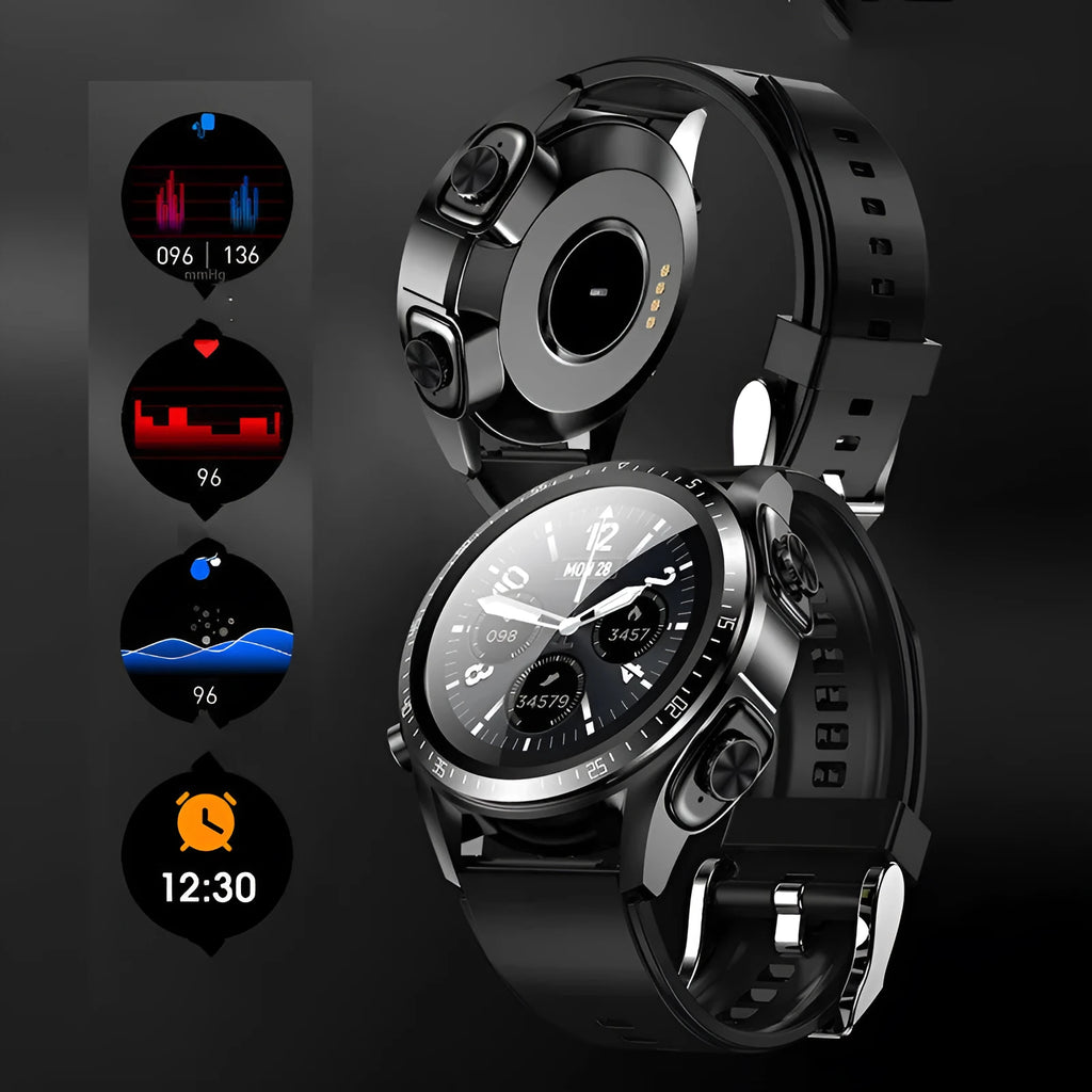 Black smart watch with health monitoring on a silicone strap next to charging cable and earphones