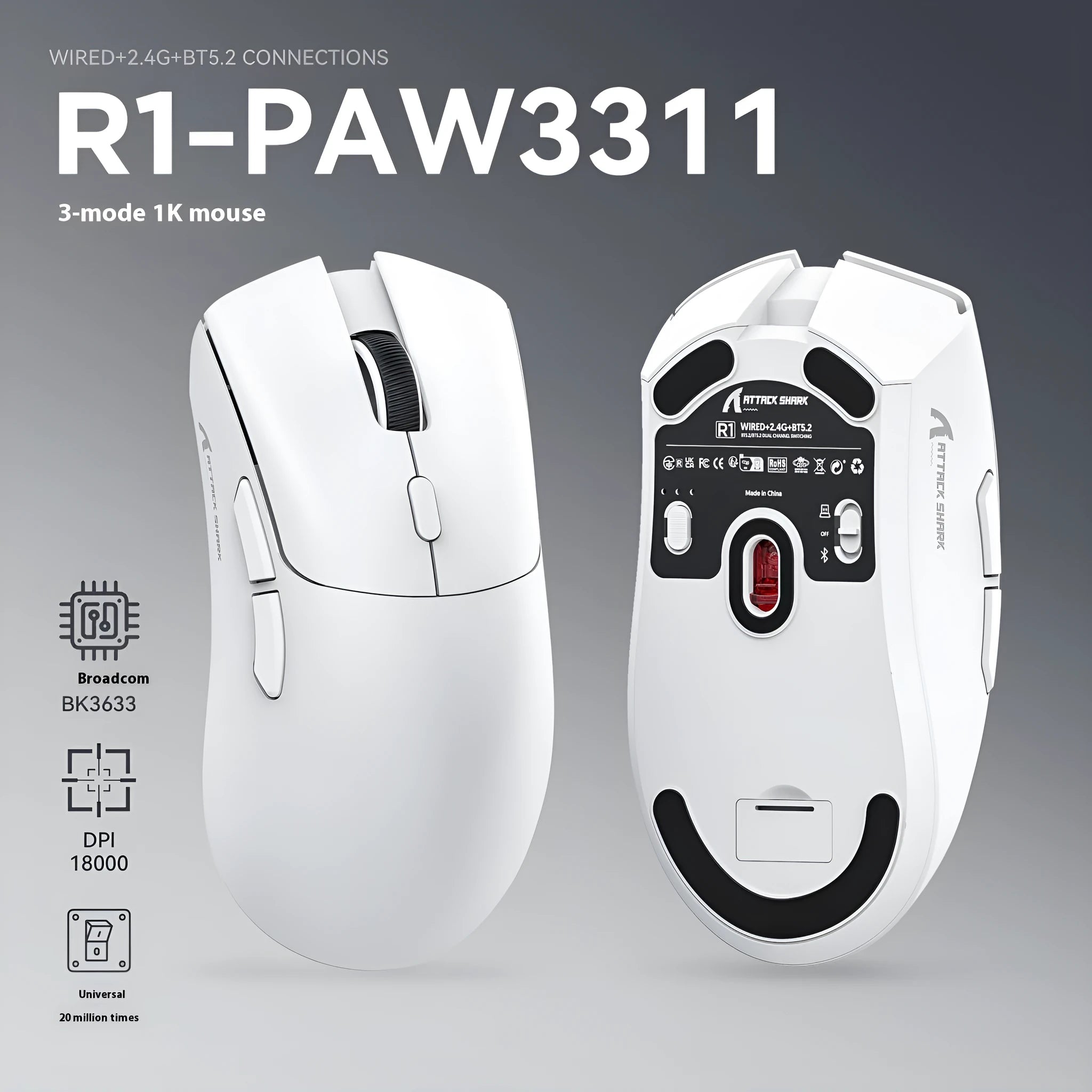 Attack Shark wireless triple-mode mouse in black, white, or red colours