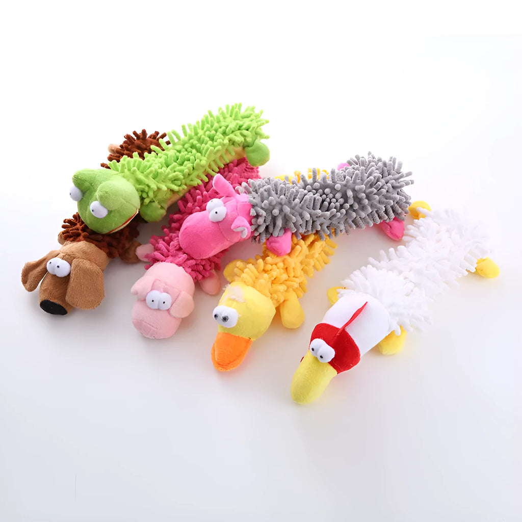 Plush microfiber dog chew toy in animal shape with visible horse molar texture for biting.