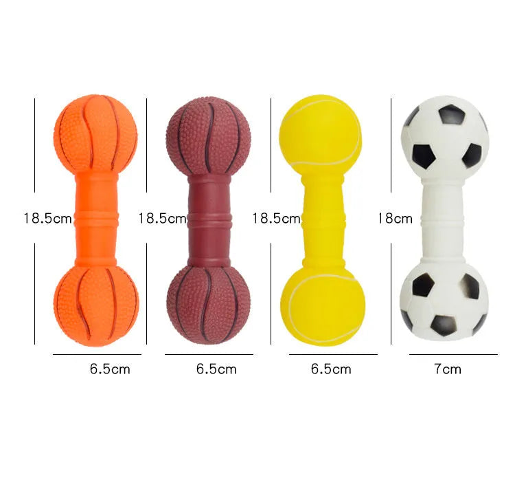 PVC football dumbbell shaped squeaky chew toy for dogs in brown, orange, white, or yellow