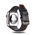 Apple Watch with black leather strap, carbon fibre details, and PC hard shell case with carbon fibre pattern.