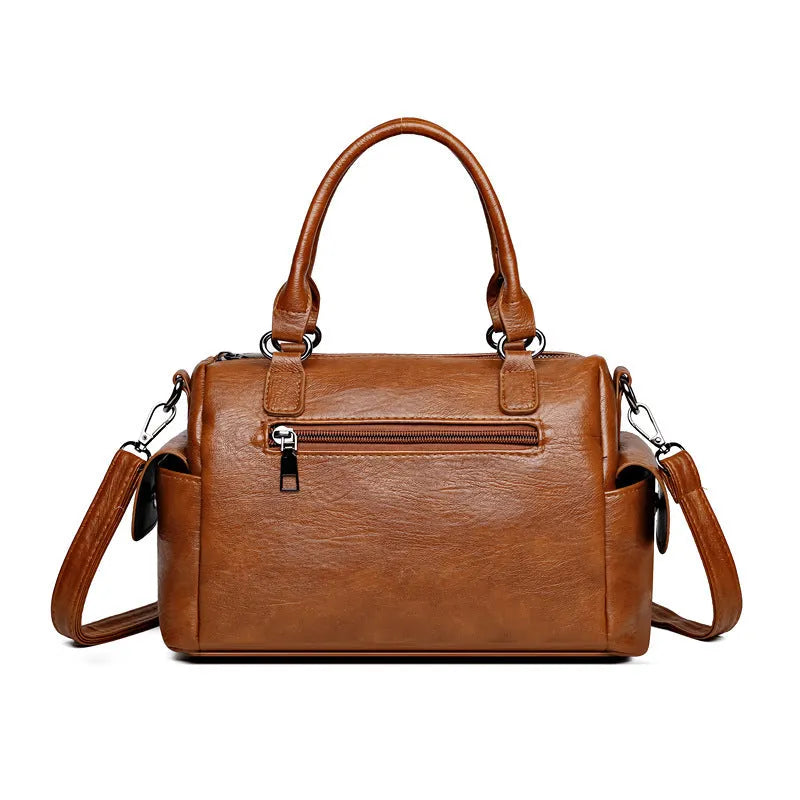 Large capacity vintage PU leather messenger bag with contrast stitching in horizontal square shape