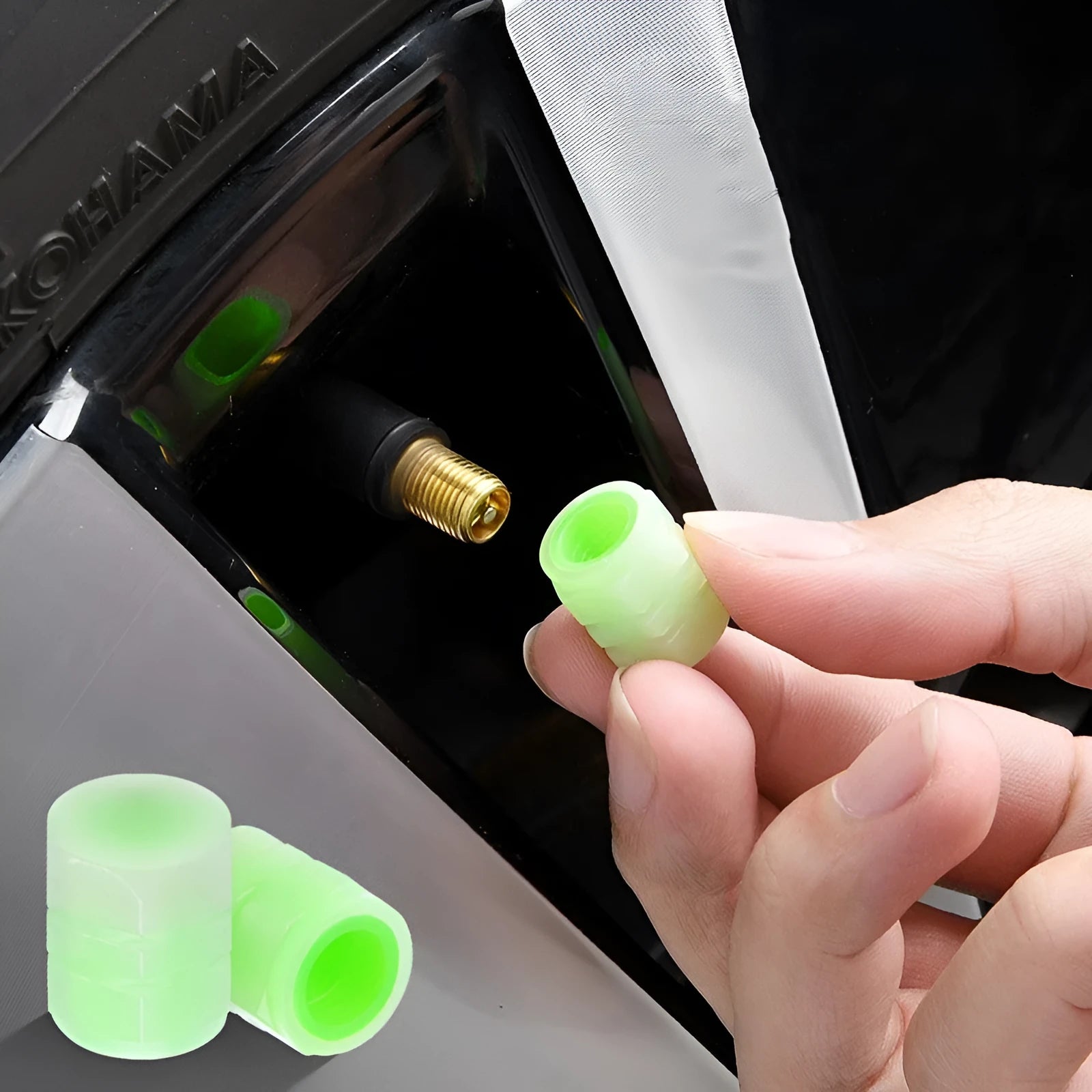 Car luminous valve cap set showing rubber construction and luminous nozzles