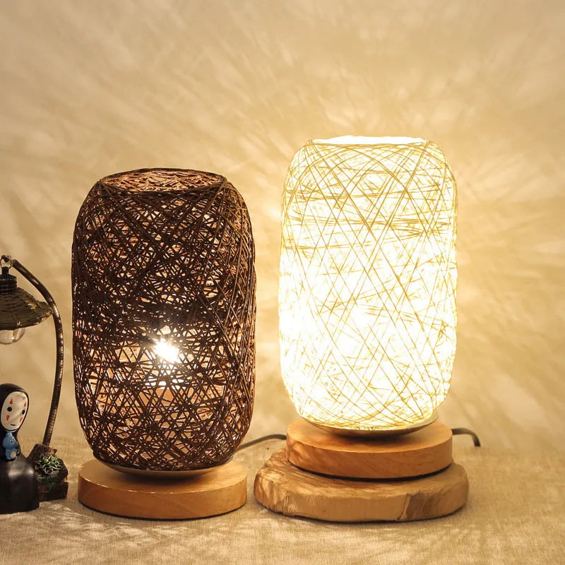 Brown hemp rope Sepak Takraw desk lamp on wooden base with woven sphere design