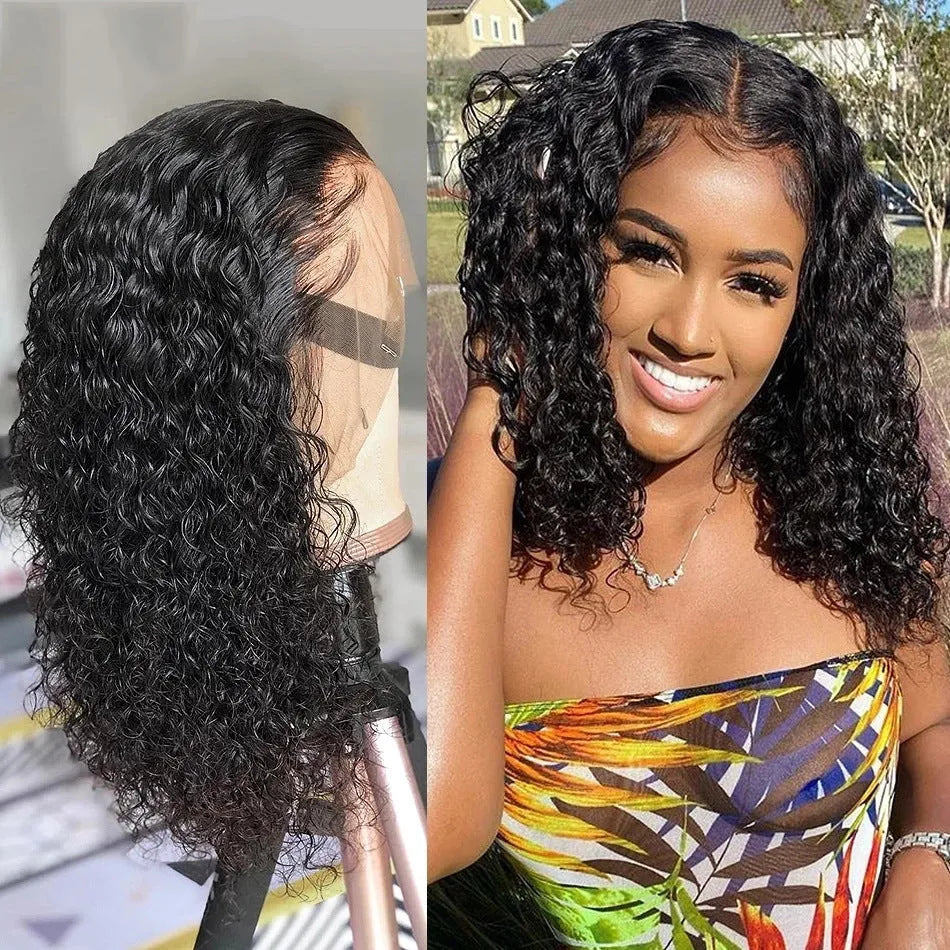 Black fluffy small curly front lace wig with long bangs, T-shaped lace, 8-16 inch lengths