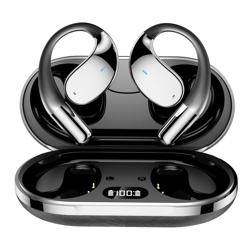 Black hanging-ear sports Bluetooth earphones with digital display.