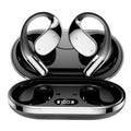 Black hanging-ear sports Bluetooth earphones with digital display.
