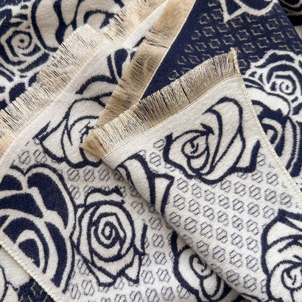 Imitation cashmere scarf with tassel trim in grey, black, blue, or khaki, shown at 185 cm long.