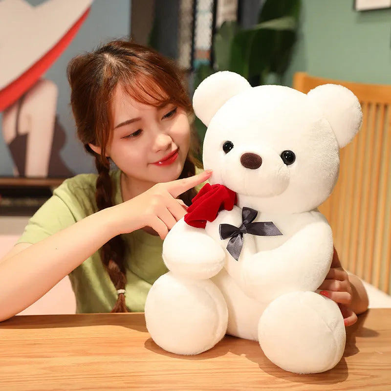 Rose bear plush toy in beige, brown, or grey, shown in sizes from 23cm to 45cm.