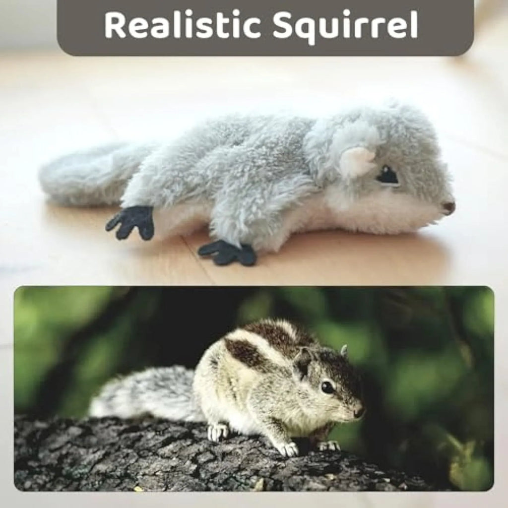 Gray flapping squirrel cat toy with electronic components and soft plush material