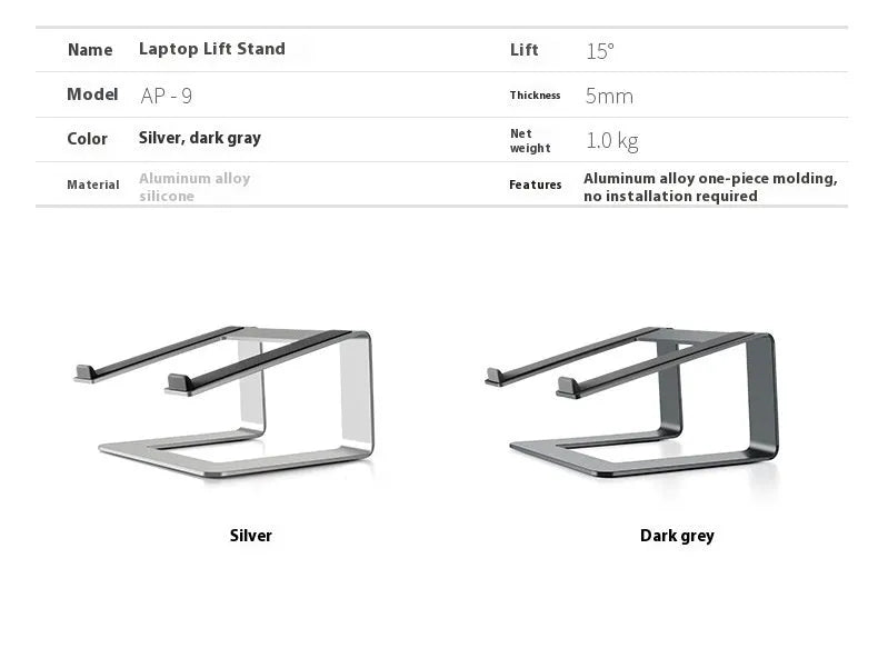 Black aluminium alloy laptop stand on desk elevating computer for ergonomic use