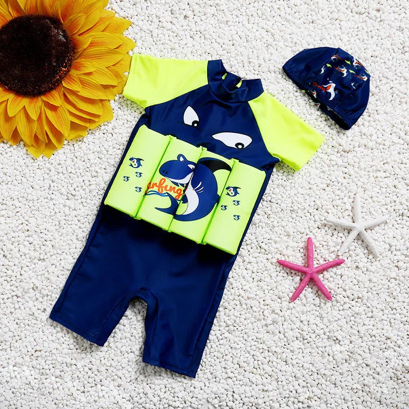 Child's blue Shark Boy cartoon print buoyancy swimsuit for pool early education