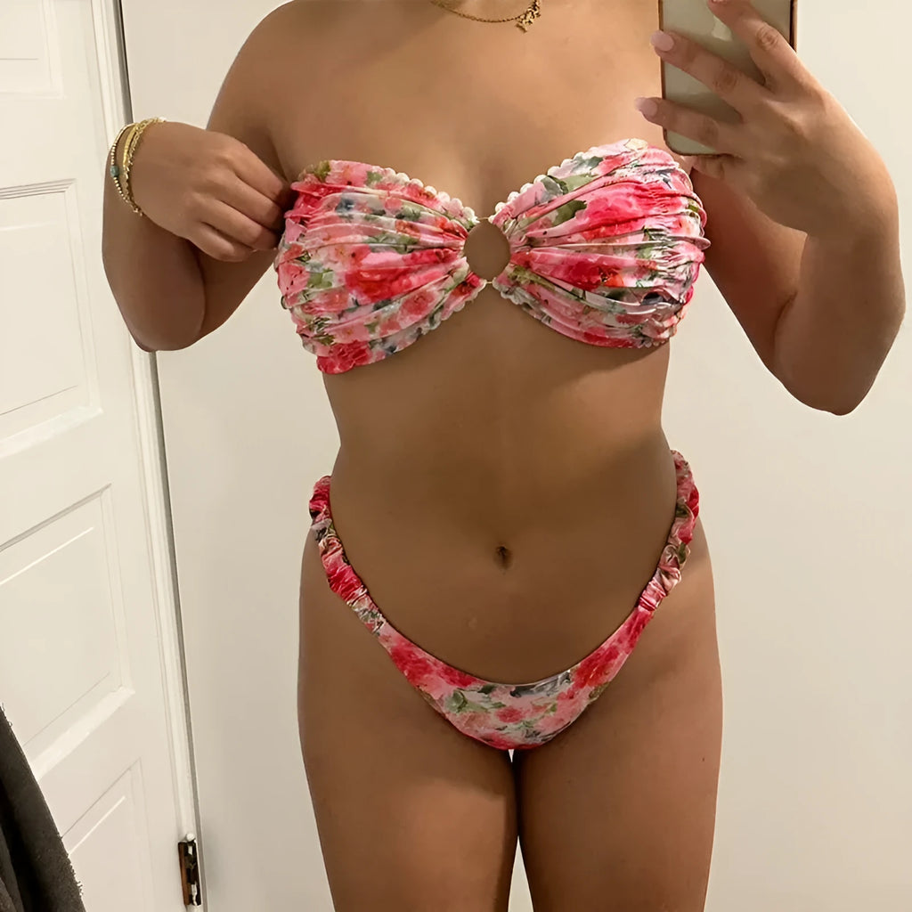 Women's printed floral tube top bikini with lace detailing in blue, pink, yellow or multicolour options